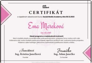 Certifikát Social Media Manager – Ema Mareková, Brand Presence Studio